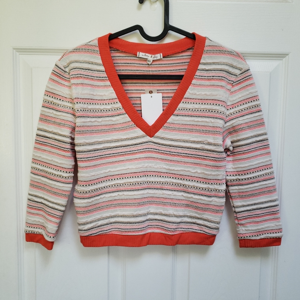 Willow & Clay Orange Cream V-Neck Cropped Half Sleeve Striped Sweater